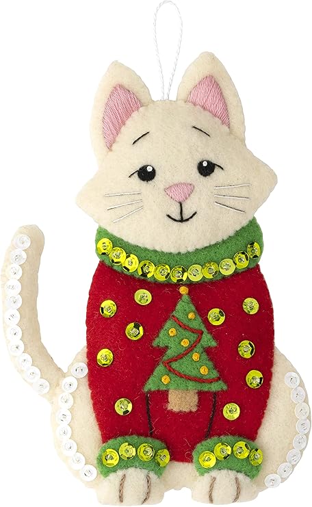 Bucilla Felt Applique 6 Piece Ornament Making Kit, Cats in Ugly Sweaters, Perfect for DIY Arts and Crafts, 89381E