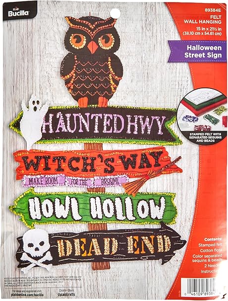 Bucilla Felt Applique Wall Hanging Kit, Halloween Street Sign, Perfect for DIY Arts and Crafts, 89384E