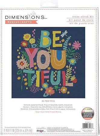 Dimensions 70-35412 Be-You-Tiful Counted Cross Stitch Kit for Beginners, 14 Cnt. Navy Aida, 11