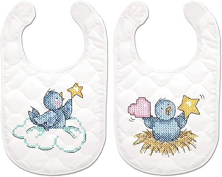 Tobin Birds Stamped for Cross Stitch Baby Bibs Kit, Blue