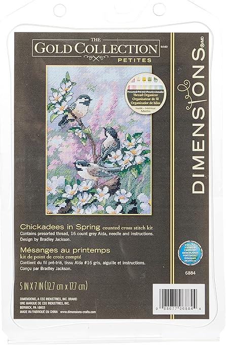 Dimensions Gold Collection Counted Cross Stitch Kit, Chickadees in Spring, 16 Count Dove Grey Aida, 5'' x 7''