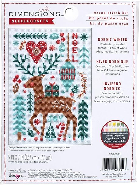 Dimensions 70-08991 Nordic Winter Embroidery Christmas Cross Stitch Kit, 5'' x 7'', 14 Count White Aida, Multi