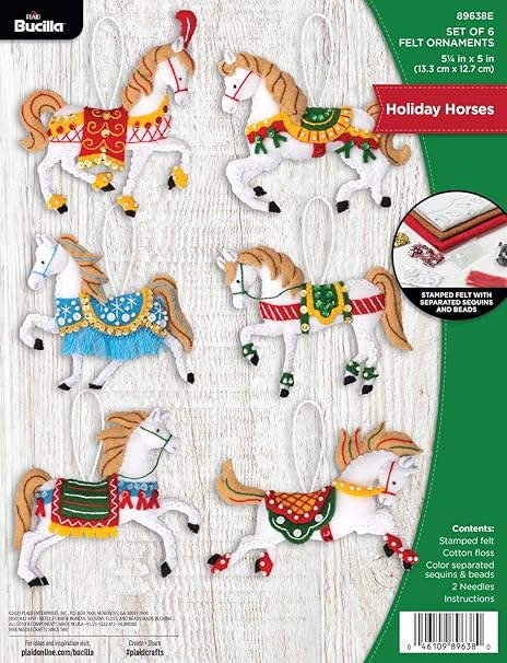 Bucilla, Holiday Horses, Felt Applique 6 Piece Ornament Making Kit, Perfect for DIY Arts and Crafts, 89638E