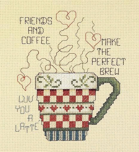 Janlynn Cross Stitch Kit, 5-Inch by 6-Inch, Friends and Coffee White