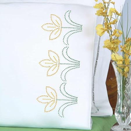 Jack Dempsey Needle Art Cross-Stitch Tulips Perle Edge Pillowcases