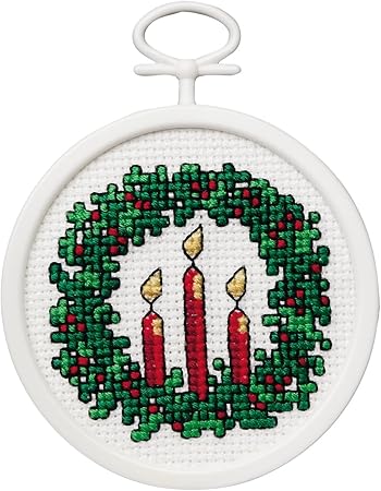 Janlynn 18 Count Round Mini Counted Cross Stitch Kit, 2.5-Inch, Holiday Wreath