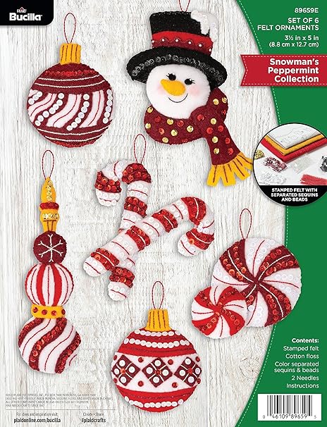 Bucilla, Snowman's Peppermint Collection, Felt Applique 6 Piece Ornament Making Kit, Perfect for DIY Arts and Crafts, 89659E, Small