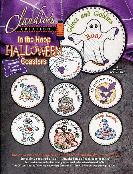 Claudia's Creations In the Hoop Halloween Coasters Pattern