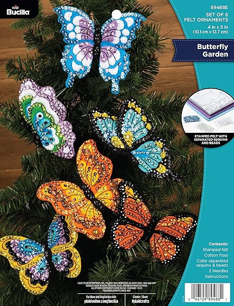 Bucilla Felt Applique 6 Piece Ornament Making Kit, Butterfly Garden, Perfect for DIY Arts and Crafts, 89488E