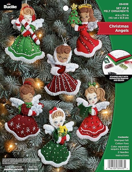 Bucilla Felt Applique 6 Piece Ornament Making Kit, Christmas Angels, Perfect for DIY Arts and Crafts, 89493E