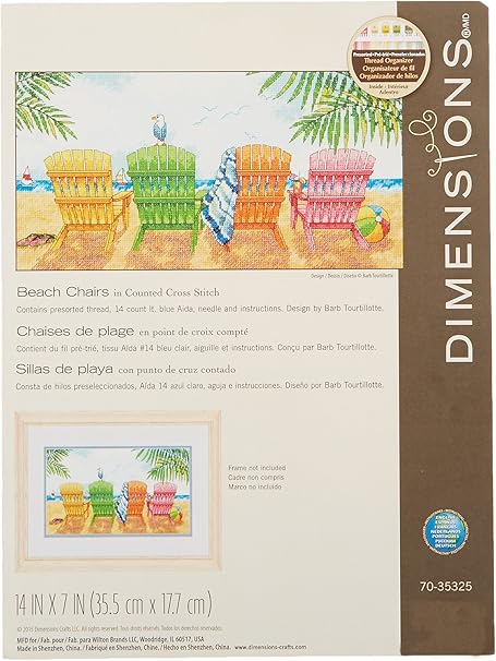 Dimensions Colored Beach Chairs Counted Cross Stitch Kit, 14 Count Light Blue Aida, 7'' x 14''