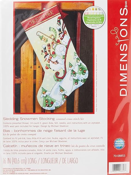 Dimensions Counted Cross Stitch 'Sledding Snowmen' Personalized Christmas Stocking Kit, 16