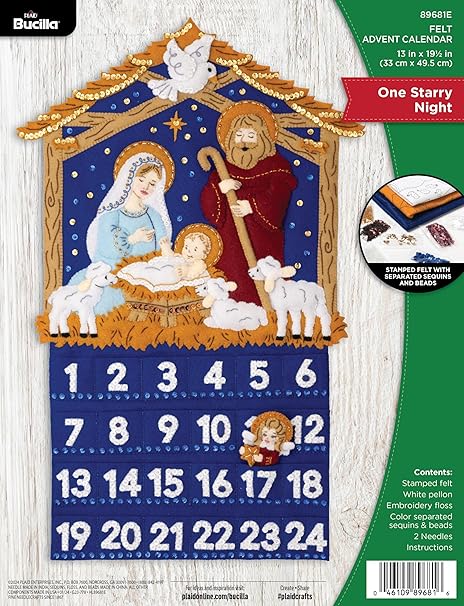 Bucilla, One Starry Night, Felt Applique Advent Calendar Kit, Perfect for Holiday DIY Arts and Crafts, 89681E