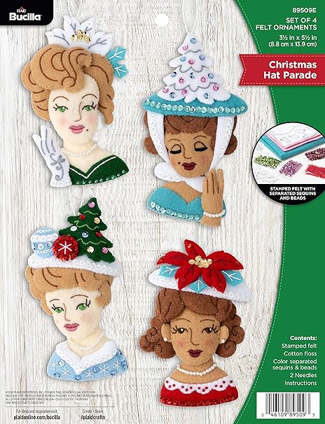 Bucilla Felt Applique 4 Piece Ornament Making Kit, Christmas Hat Parade, Perfect for DIY Arts and Crafts, 89509E