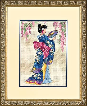 DIMENSIONS 6953 Gold Collection Counted Cross Stitch Kit, Elegant Geisha, 18 Count Ivory Aida, 5'' x 7''