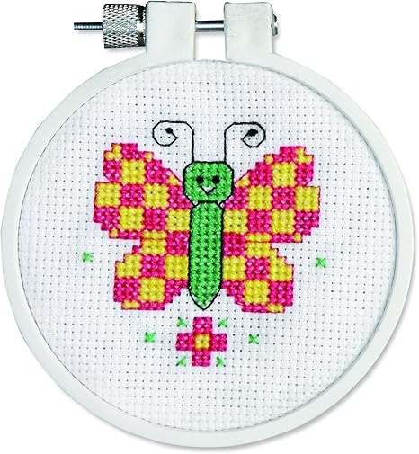 Janlynn 21-0981 Round Kid Stitch Checky Butterfly Mini Counted Cross Stitch Kit, 3-Inch