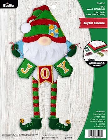 Bucilla Felt Applique Wall Hanging Kit, Joyful Gnome, Perfect for DIY Arts and Crafts, 89495E