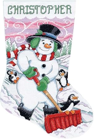 Design Works Crafts Shoveling Snowman Counted Cross Stitch Stocking Kit, White