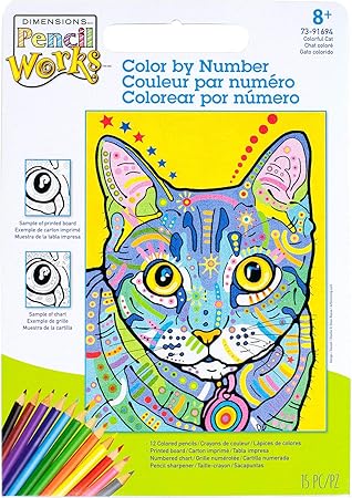 Dimensions Cat, PencilWorks Color by Numbers Kit for Adults and Kids, 9'' x 12'