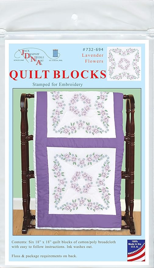 Jack Dempsey Needle Art Lavender Flowers Quilt Blocks, white