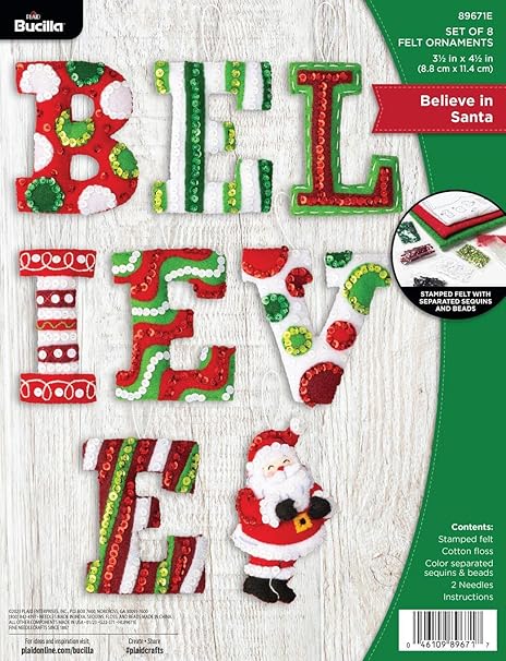 Bucilla Felt Applique 7 Piece Ornament Making Kit, Believe in Santa, Perfect for DIY Arts and Crafts, 89671E