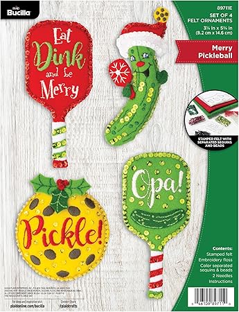 Bucilla, Merry Pickleball, Felt Applique 4 Piece Ornament Making Kit, Perfect for Holiday DIY Arts and Crafts Projects, 89711E