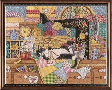 Tobin 2863 14 Count Kitty Sewing Lesson Counted Cross Stitch Kit, 16