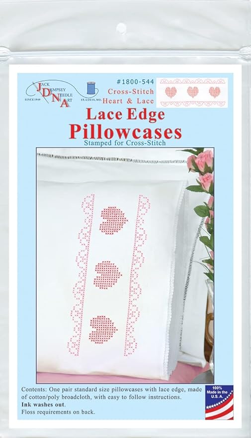 Jack Dempsey Stamped Pillowcases W/White Lace Edge 2/Pkg - Cross-Stitch Hearts & Lace