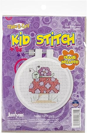 Janlynn Kid Stitch 11 Count Snail and Mushroom Mini Counted Cross Stitch Kit, 3-Inch,Pink