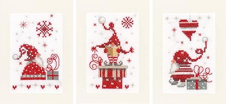 Vervaco Grußkarten Wichtel, 3er Set, Zählmuster Christmas Gnomes Greeting Card Kit, 10.5 x 15.0 x 0.3 cm, Multi-Colour, 3 Count