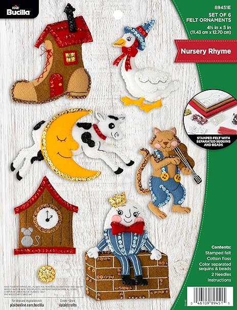 Bucilla Felt Applique 3 Piece Ornament Making Kit, Nursery Rhyme, Perfect for DIY Arts and Crafts, 89451E