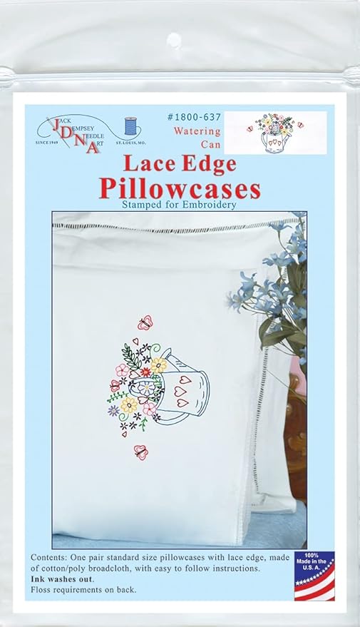 Jack Dempsey Stamped Pillowcases W/White Lace Edge 2/Pkg - Watering Can