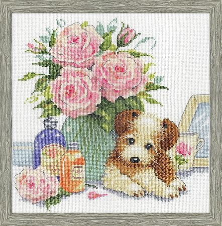 Design Works Crafts Puppy with Roses Counted Cross Stitch Kit, White, by The Yard