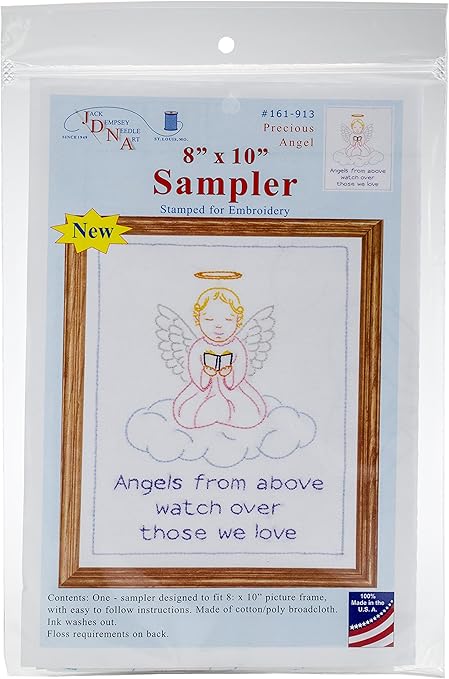 Jack Dempsey Needle Art Precious Angel Embroidery Sampler, 9 inch x 11 inch, white