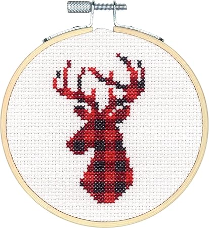 Dimensions Kit, Plaid Reindeer Christmas Cross Stitch, White 14 Count Aida, 4'' Embroidery Hoop