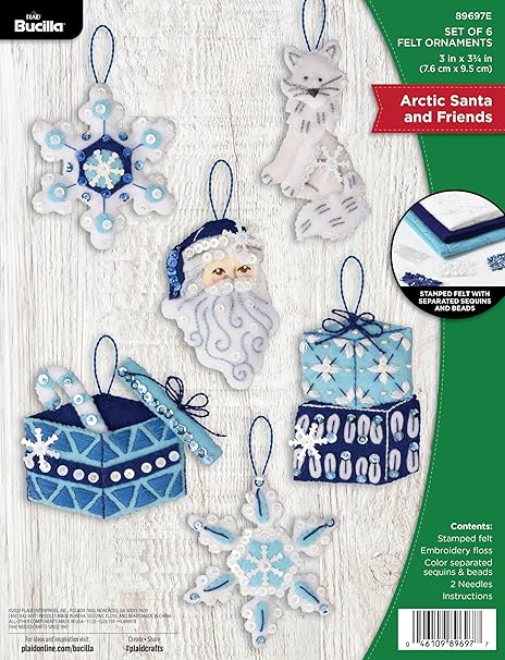 Bucilla, Arctic Santa & Friends, Felt Applique 6 Piece Ornament Making Kit, Perfect for DIY Arts and Crafts, 89697E