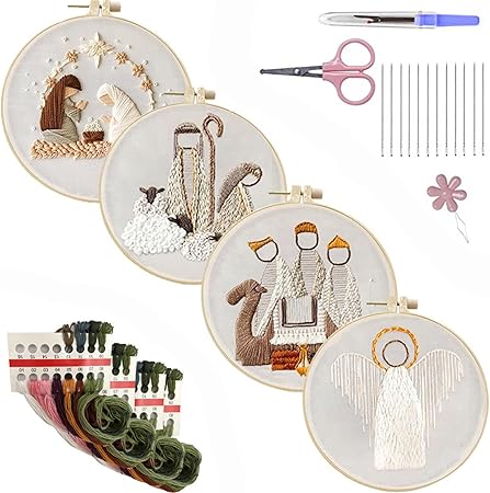 AMIITRY Christmas Embroidery Kit, 4 Pcs Nativity Scene Embroidery Kits for Adults, Christmas Cross Stitch Kits, Embroidery Kits for Beginner, Embroidery Kit for Decor Home Room