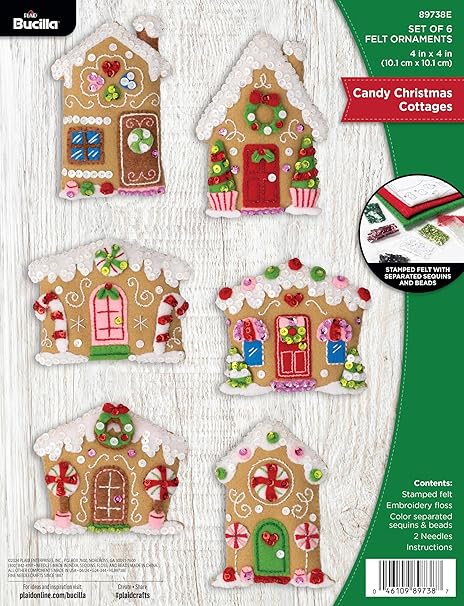 FolkArt, Candy Christmas Cottages, Bucilla Felt Applique 6 Piece Ornament Making Kit, Perfect for DIY Arts and Crafts, 89738E