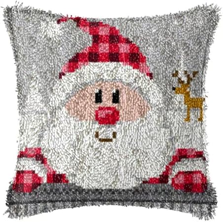 Howie's Needlepoint Latch Hook Kit, DIY Santa Claus Pillow Cover Crochet Yarn Kits for Adults and Kids, Preprinted Pattern Embroidery Sofa Cushion Cover (Christmas-Santa Claus, 16.93 x 16.93 inch)