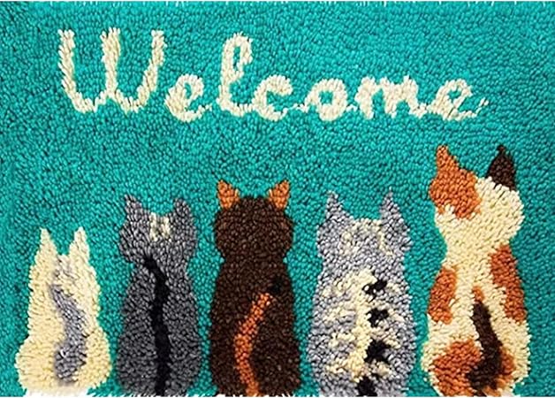 Howie's Needlepoint Latch Hook Kit, DIY Cats Rug Crochet Yarn Kits for Adults and Kids, Color Preprinted Pattern Embroidery Decoration (Cats-Welcome, 19.69 x 14.96 inch)