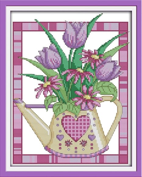 Howie's Needlepoint Cross Stitch Kits, 14CT Pre-Printed Pattern Needlepoint Kits, Full Range of Stamped Starter Kits(A Purple Tulip vase,9.84 x 12 inch)