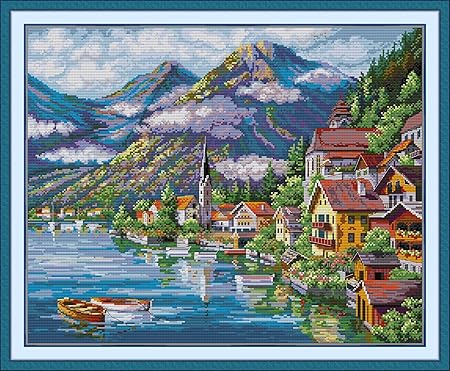 Howie's Cross Stitch Kits, 14CT Pre-Printed Pattern Embroidery Set Needlework, Full Range of Stamped Starter Kits(Alpine Village, 21.26 x 17.32 inch)