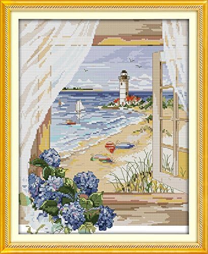 Howie's Cross Stitch Kits, 14CT Pre-Printed Pattern Embroidery Set Needlework, Full Range of Stamped Starter Kits(Sea View Outside The Window, 12.99 x 15.75 inch)