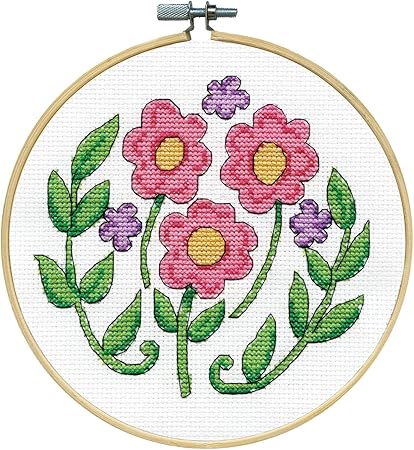 Pink Floral Counted Cross Stitch Kit w/Hoop