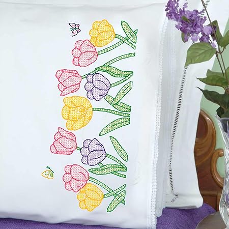 Jack Dempsey Needle Art Beautiful Blooms Lace Edge Pillowcases