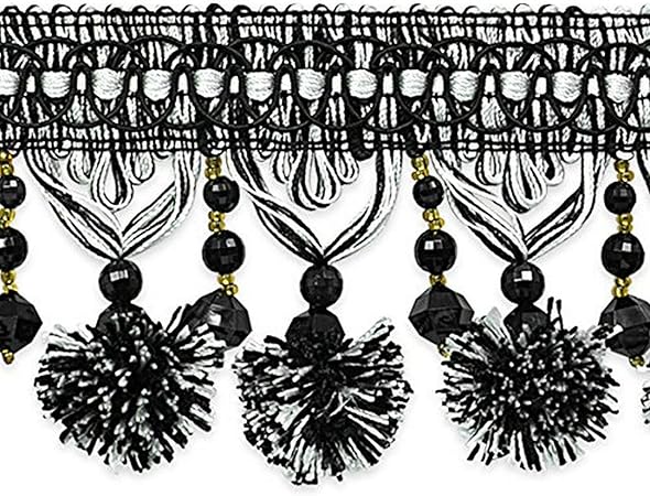 Trims by the Yard Zoe Ball & Bead Tassel Fringe | Black/White| (20 Yard Cut) Trim, 20 yd