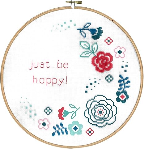 Vervaco PN-0156333 14 Count Round Modern Flowers Be Happy on Aida Counted Cross Stitch Kit, 9.6