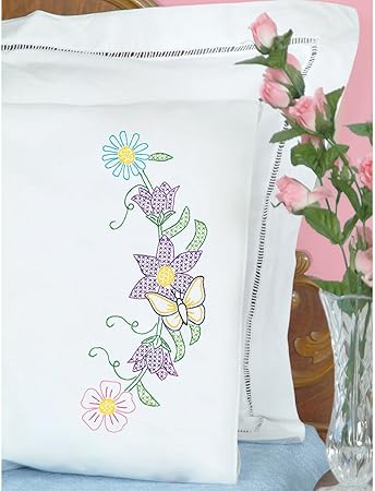 Jack Dempsey Stamped Pillowcases with White Perle Edge, Butterfly and Flowers, 2-Pack