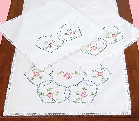 Jack Dempsey Stamped Dresser Scarf and Doilies Lace Edge, Starburst of Hearts