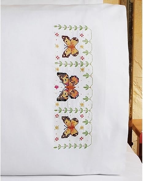 Janlynn Stamped Cross Stitch Kit, 20-Inch by 30-Inch, Butterfly Garden Pillowcase Pair